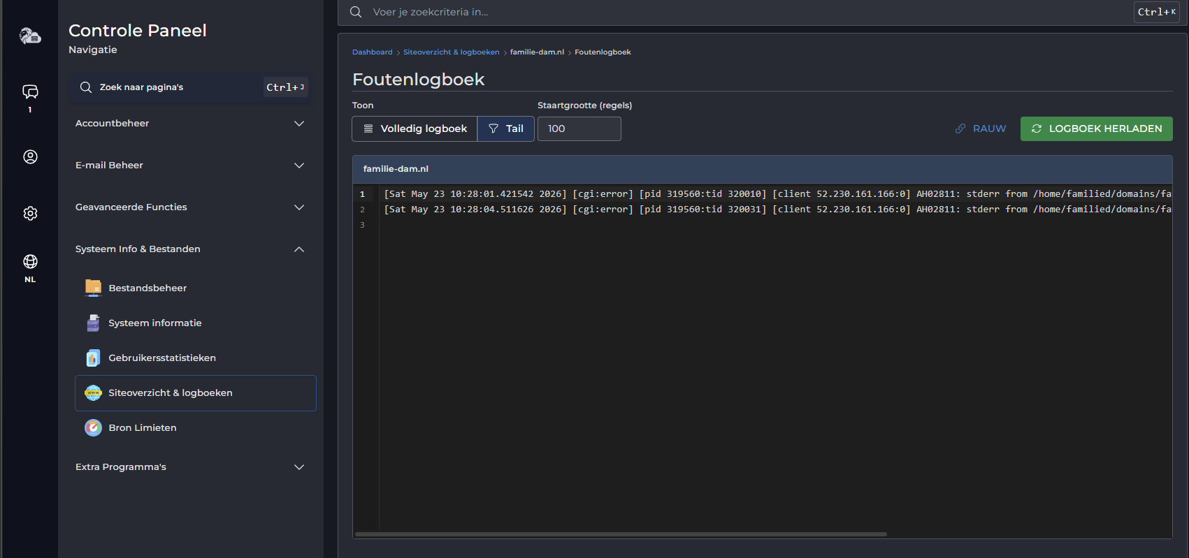 Directadmin Error logs