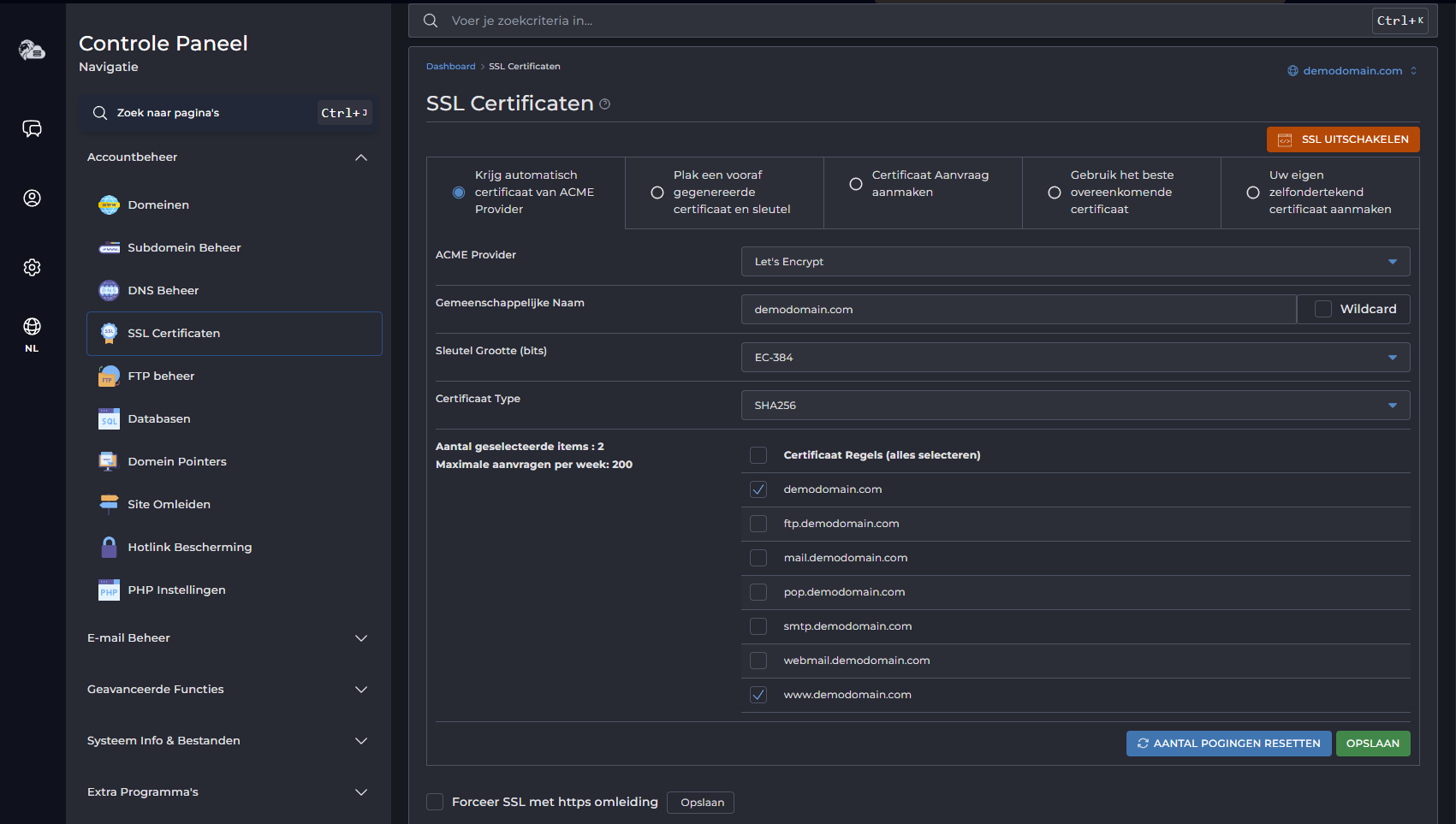 Overzicht van SSL certificaten in DirectAdmin - Let's Encrypt
