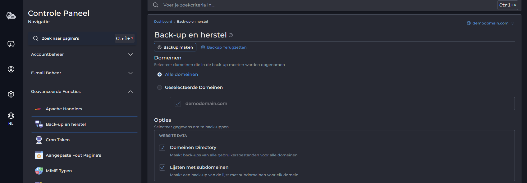 Backup en restore overzicht in DirectAdmin
