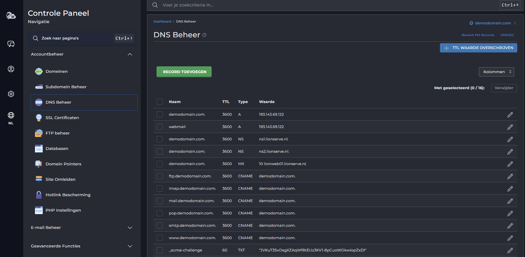 DirectAdmin DNS Beheer