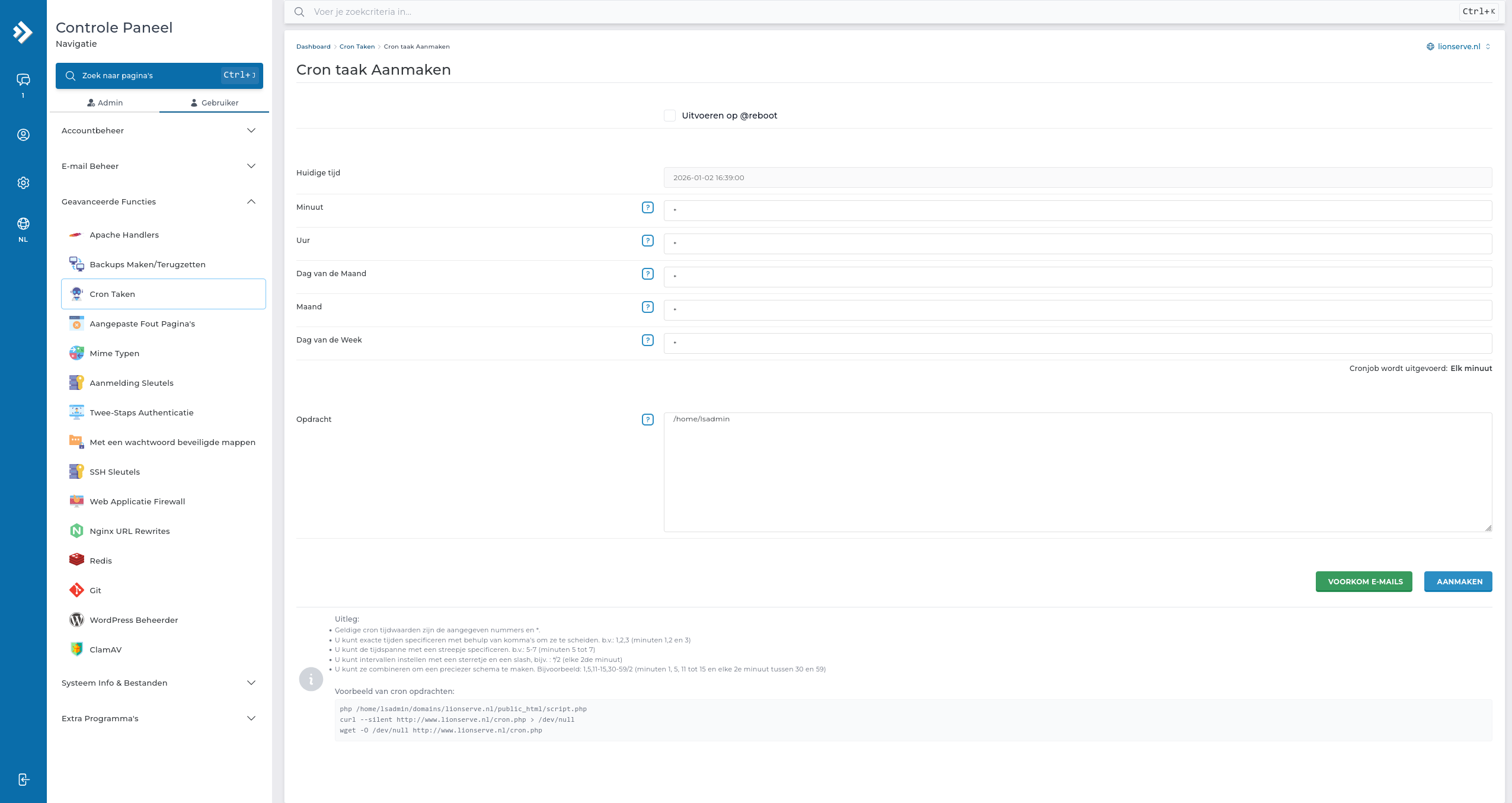 Cronjob aanmaken in DirectAdmin